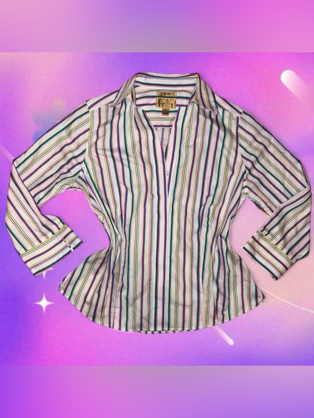 vtg y2k rainbow striped no iron button-up - investments petites, sz 8p